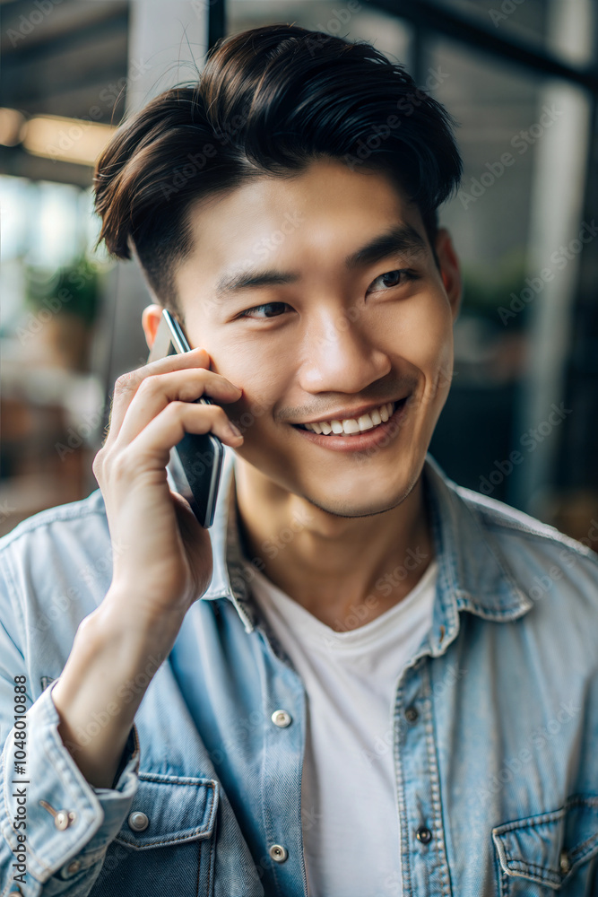 Smiling Young Man Talking on Smartphone in Casual Denim Outfit Smiling Young Man Talking on Smartphone in Casual Denim Outfit