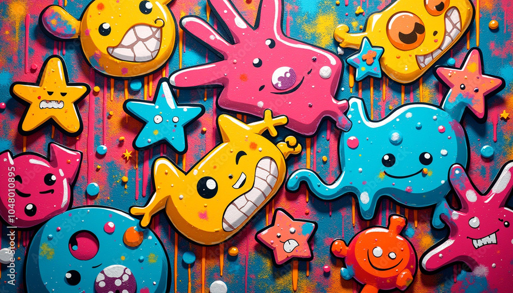 Fototapeta premium Cartoon graffiti background, bold, colorful spray paint patterns and playful doodles, edgy and vibrant