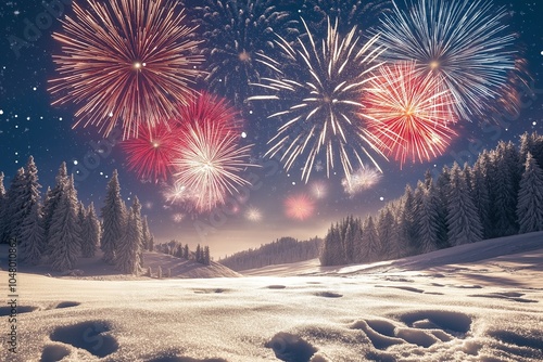 A peaceful winter landscape with a magical snowfall, illuminated by bright holiday fireworks in the sky. The snow glistens under the fireworks, creating a stunning contrast against the night.