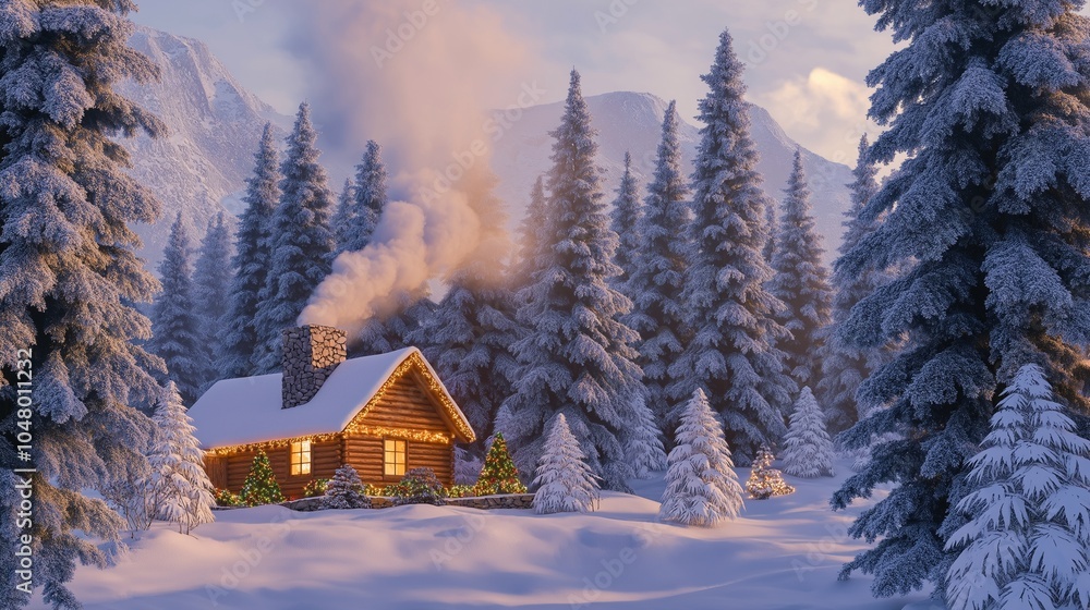 A peaceful winter landscape with a wooden cabin nestled among snow-covered pine trees. Christmas lights decorate the cabin, and smoke gently rises from the chimney. Snow softly blankets the ground. A peaceful winter landscape with a wooden cabin nestled among snow-covered pine trees. Christmas lights decorate the cabin, and smoke gently rises from the chimney. Snow softly blankets the ground.