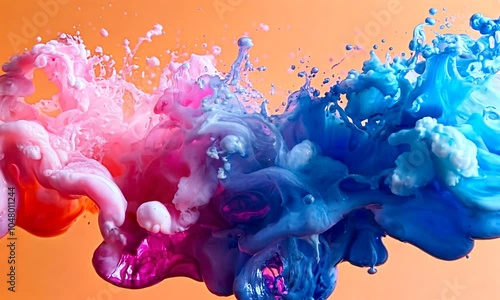 Wallpaper Mural A vibrant splash of pink and blue paint against an orange background, showcasing fluid dynamics. Torontodigital.ca