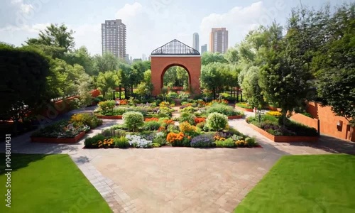 Wallpaper Mural A vibrant garden with colorful flowers and greenery, featuring a brick archway structure. Torontodigital.ca