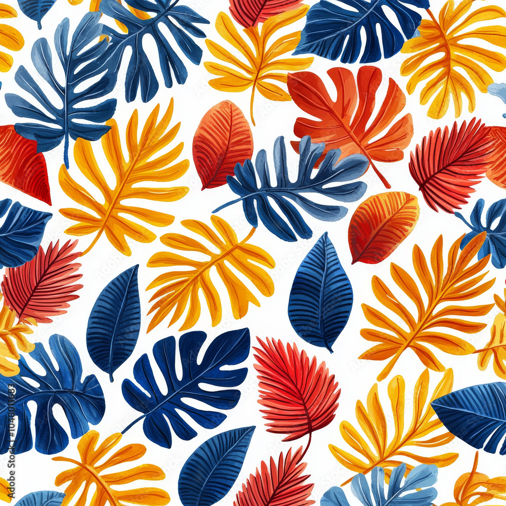 Vibrant tropical leaves in various colors create lively and cheerful pattern, perfect for adding touch of nature to any design. mix of blue, orange, and red leaves brings warmth and energy Vibrant tropical leaves in various colors create lively and cheerful pattern, perfect for adding touch of nature to any design. mix of blue, orange, and red leaves brings warmth and energy
