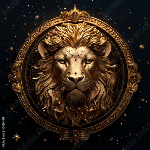 A bold lion symbol representing the Leo zodiac, with a golden mane and fierce expression, embodying strength, courage, and loyalty under the summer sun.