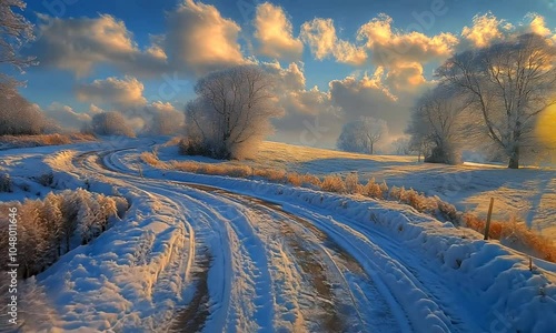 Wallpaper Mural A winding snow-covered road through a serene winter landscape under a colorful sky. Torontodigital.ca