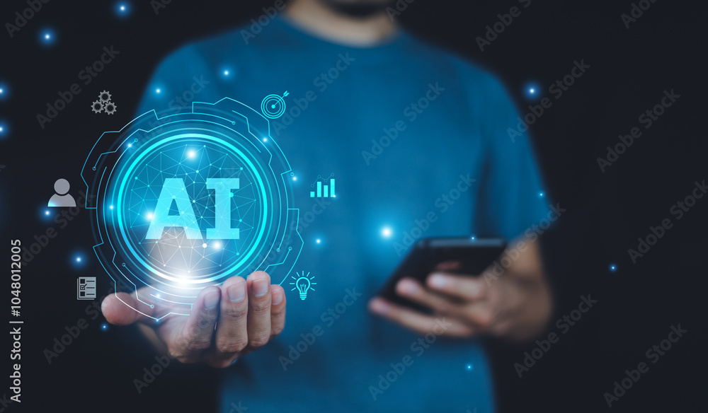Businessman leveraging AI technology to monitor data privacy compliance, automating processes to meet regulatory standards effectively.