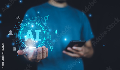 Obraz na płótnie Businessman leveraging AI technology to monitor data privacy compliance, automating processes to meet regulatory standards effectively. w salonie