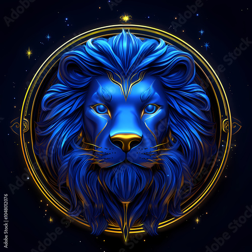 A bold lion symbol representing the Leo zodiac, with a golden mane and fierce expression, embodying strength, courage, and loyalty under the summer sun. photo