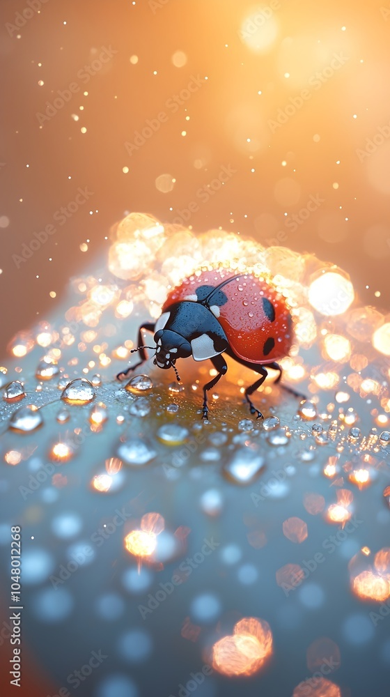 A close-up of a red ladybug with black spots perched on a dewy leaf, surrounded by a dreamy, blurred background of shimmering water droplets and warm sunlight. A close-up of a red ladybug with black spots perched on a dewy leaf, surrounded by a dreamy, blurred background of shimmering water droplets and warm sunlight.