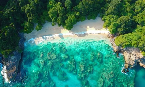 Wallpaper Mural Aerial view of a serene beach with turquoise waters and lush greenery. Torontodigital.ca