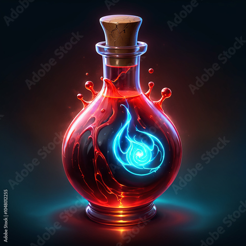 A glass potion bottle filled with red liquid, a glowing blue flame symbol inside, and a cork stopper. The bottle is set against a dark background.