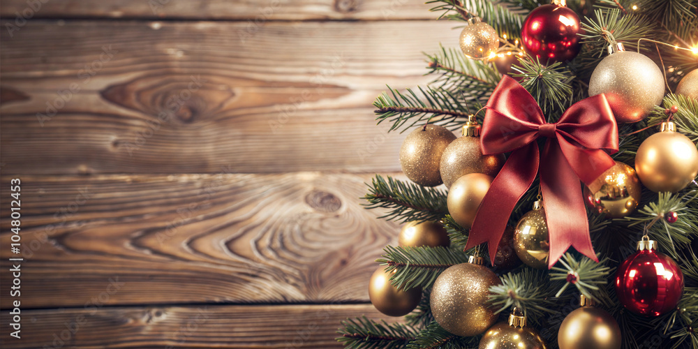 Festive Christmas Tree with Red Bow and Ornaments Against Wooden Background Festive Christmas Tree with Red Bow and Ornaments Against Wooden Background