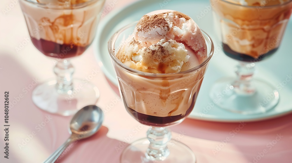 Wonderful affogato java in a glass with sugar on a pastel colored tabletop Wonderful affogato java in a glass with sugar on a pastel colored tabletop