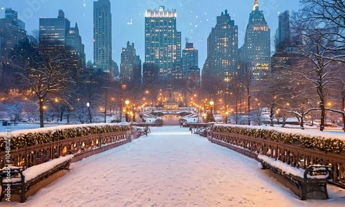 Wallpaper Mural Snow-covered bridge in a city park with skyscrapers illuminated in the background. Torontodigital.ca
