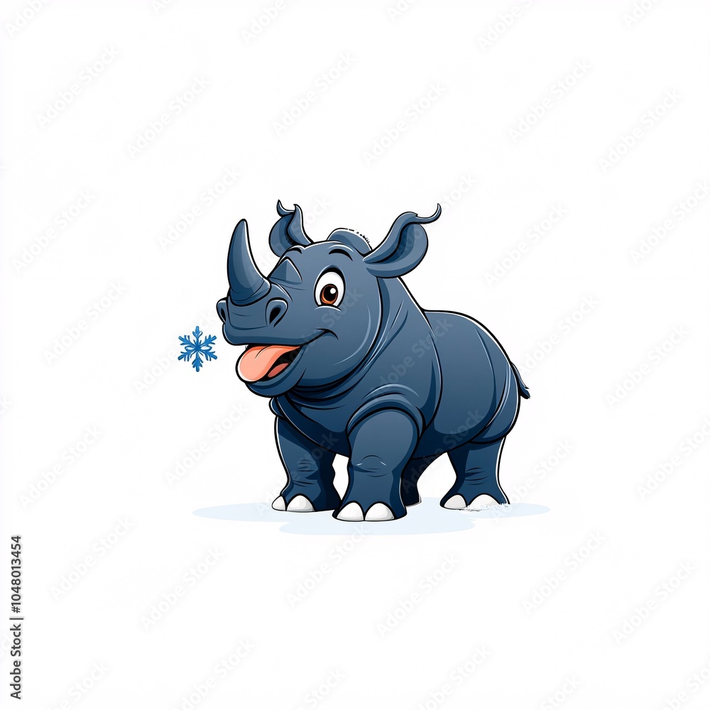 Fototapeta premium Happy Cartoon Rhinoceros Catching Snowflake