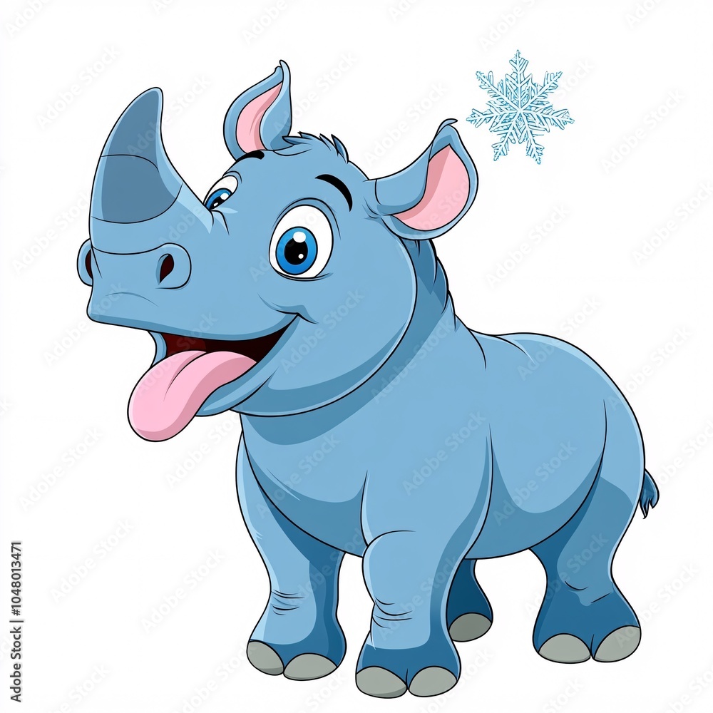 Fototapeta premium Happy Cartoon Rhinoceros Catches a Snowflake