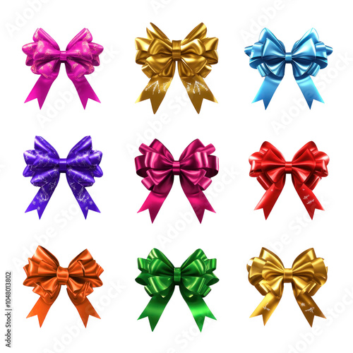 Collection of Bow and ribbon with different color 3D isolate on transparent background