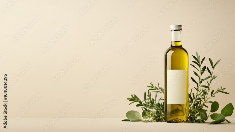 Olive oil bottle with fresh herbs on a neutral background Olive oil bottle with fresh herbs on a neutral background