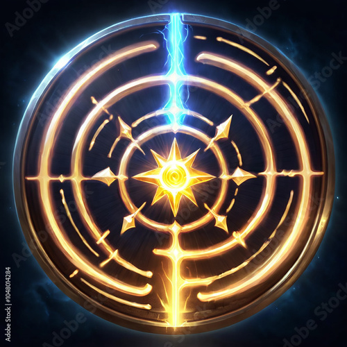 A circular golden symbol with intricate patterns radiating outward from a central eightpointed star. A vertical beam of blue lightning runs through the center. photo