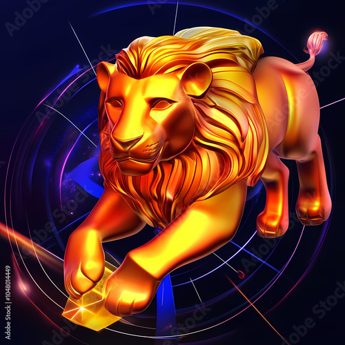 A bold lion symbol representing the Leo zodiac, with a golden mane and fierce expression, embodying strength, courage, and loyalty under the summer sun. photo