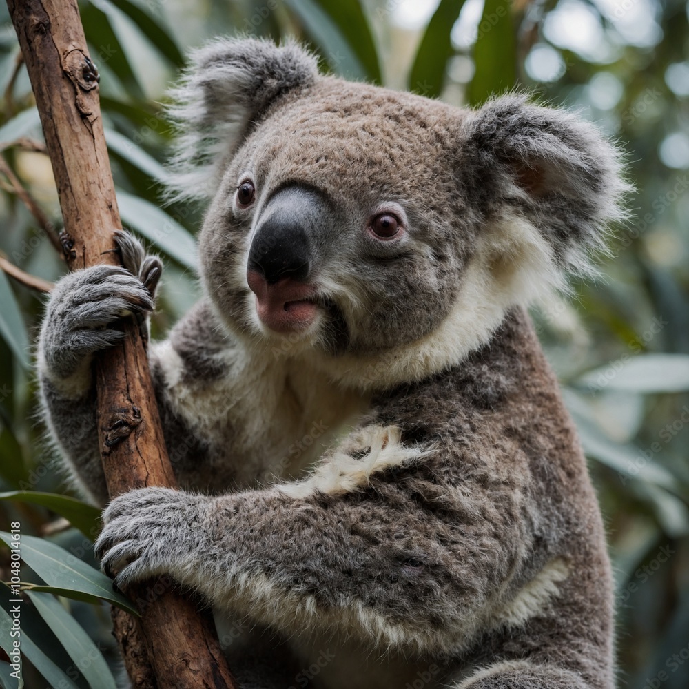 Naklejka premium A koala bear holding onto a branch, looking calm and peaceful.