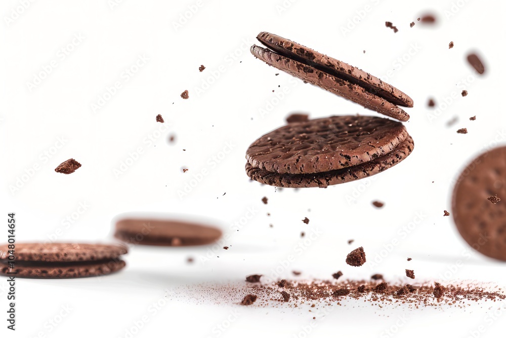 Chocolate cookies falling isolated on white background Chocolate cookies falling isolated on white background