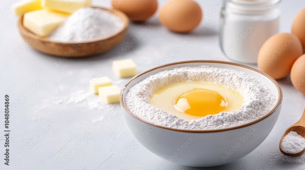 Ingredients for baking: eggs, flour, and butter preparation Ingredients for baking: eggs, flour, and butter preparation