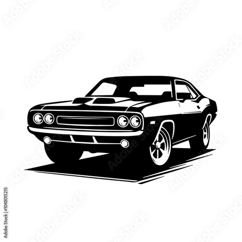 Vintage American muscle car vector illustration isolated on white background. Classic Muscle Car Vector Illustration in Bold Black Silhouette, Perfect for Retro Automotive Designs and Logos.