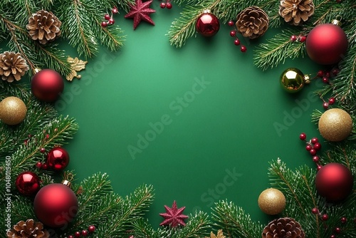 Green Christmas background with fir branches and decorations. with copyspace