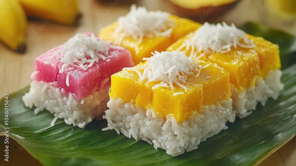 Colorful Dessert Rice Cakes with Coconut Topping Colorful Dessert Rice Cakes with Coconut Topping