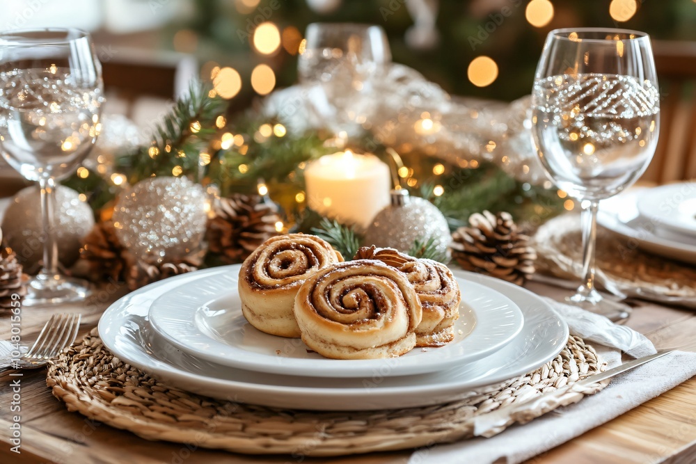 Naklejka premium Freshly Baked Cinnamon Rolls on Elegant Table Setting