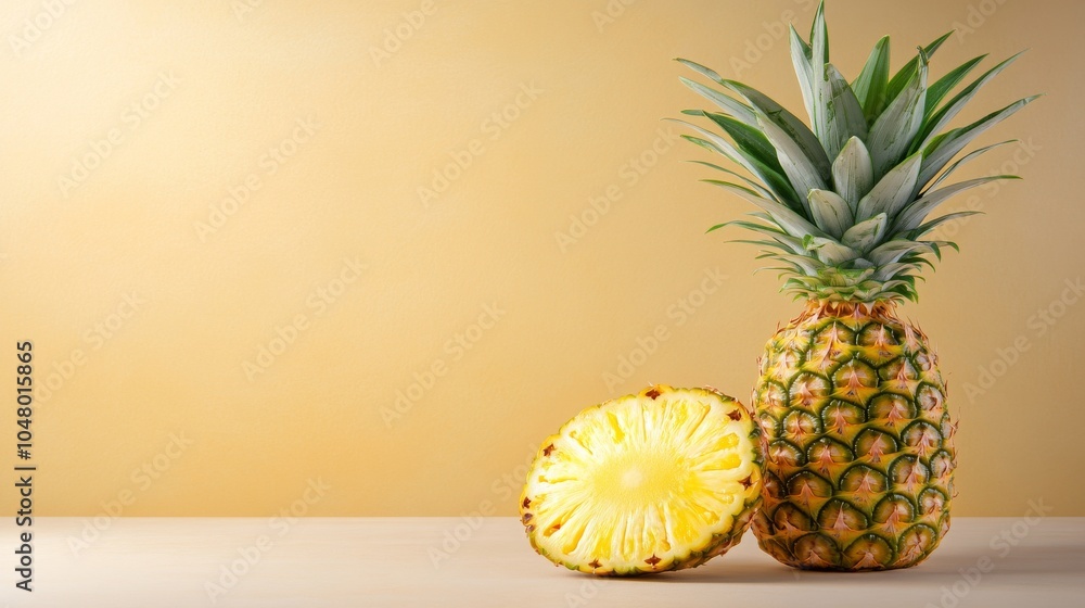 Fresh pineapple with a slice on a pastel background Fresh pineapple with a slice on a pastel background
