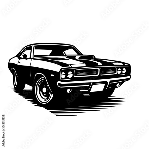 Vintage American muscle car vector illustration isolated on white background. Classic Muscle Car Vector Illustration in Bold Black Silhouette, Perfect for Retro Automotive Designs and Logos.