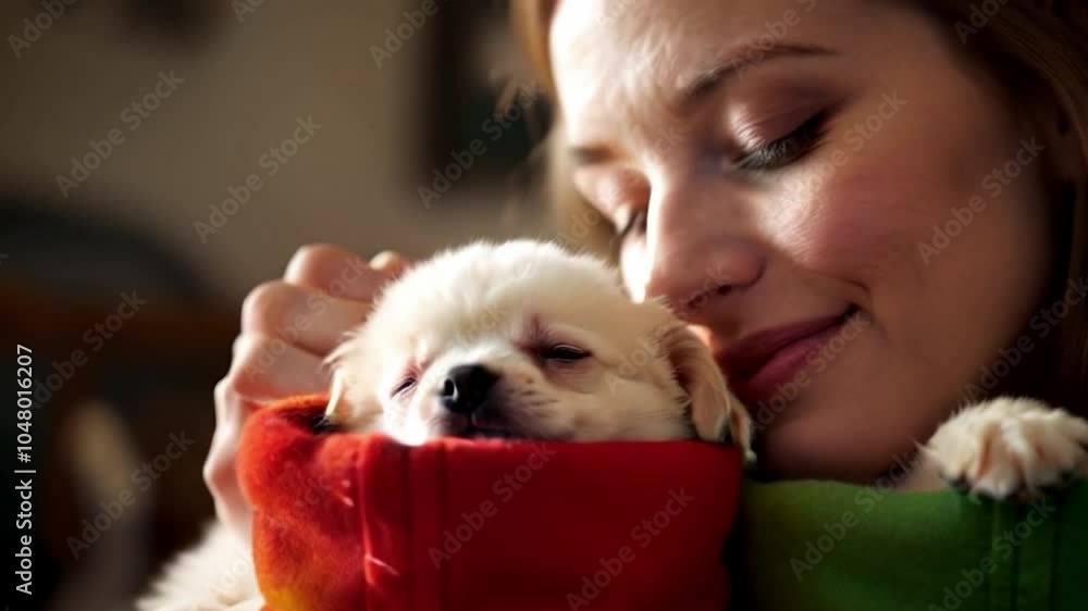 young woman gazing at puppies nestled in christmas stockings young woman gazing at puppies nestled in christmas stockings