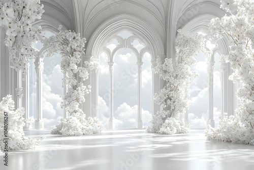 An archway background for photography with white columns and flowers. In front of the archway, there is a large window through which you can see a blue sky with clouds 