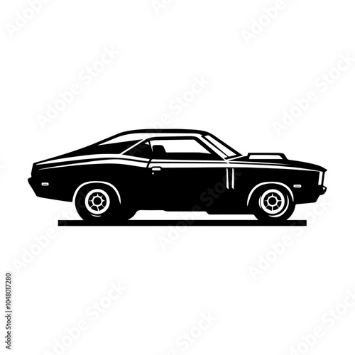 Vintage American muscle car vector illustration isolated on white background. Classic Muscle Car Vector Illustration in Bold Black Silhouette, Perfect for Retro Automotive Designs and Logos.