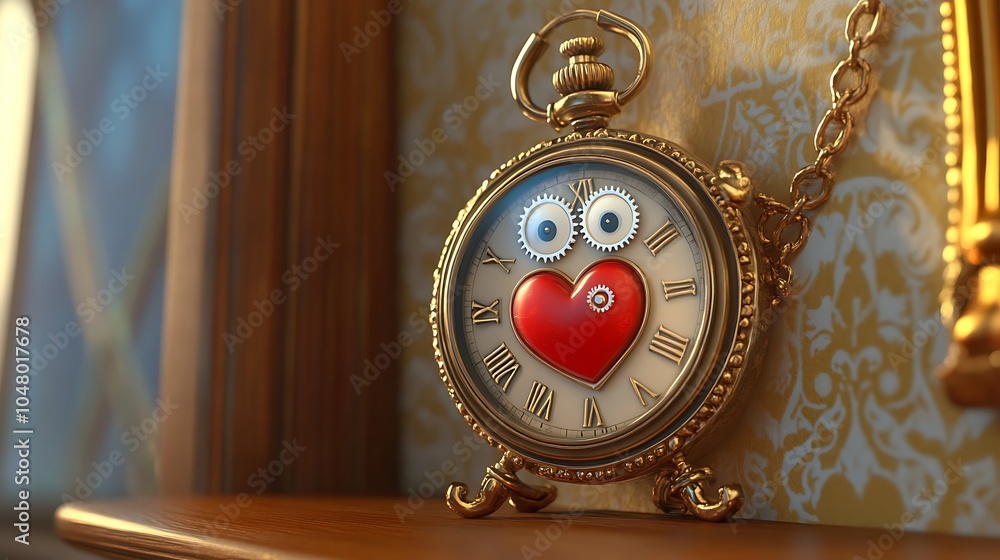 Golden Pocket Watch with a Heart and Eyes, Time is Love Concept. Golden Pocket Watch with a Heart and Eyes, Time is Love Concept.