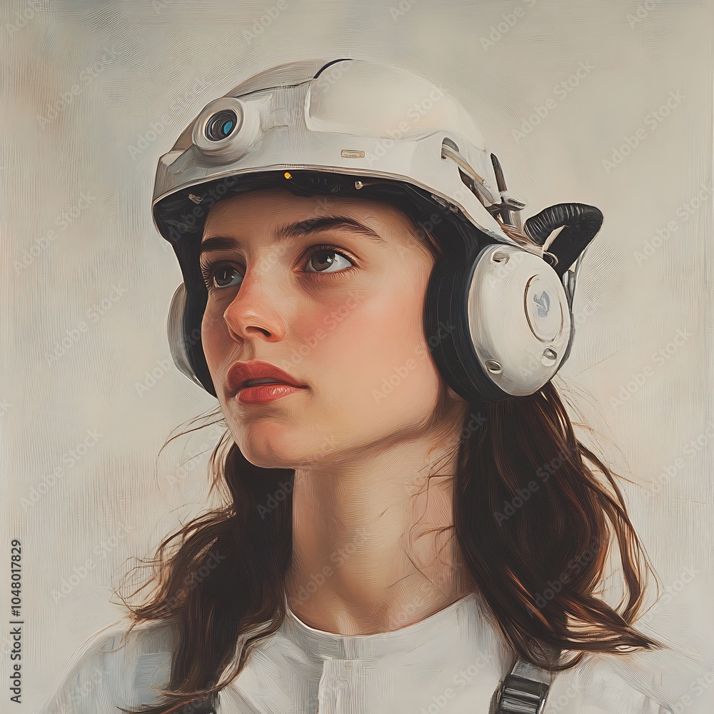 Young Woman Wearing a Futuristic Helmet and Headphones. Young Woman Wearing a Futuristic Helmet and Headphones.