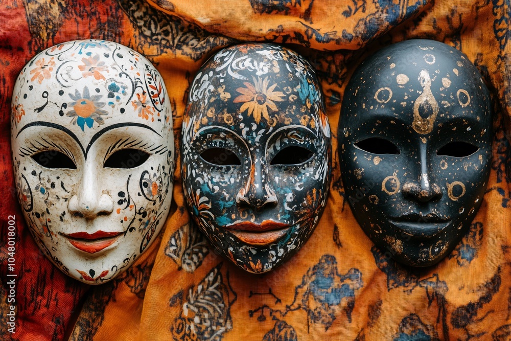 Traditional Hand-Painted Masks Displayed Up Close Traditional Hand-Painted Masks Displayed Up Close