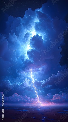 A breathtaking display of nature's power with dramatic dark clouds illuminated by a brilliant flash of lightning, creating an ethereal atmosphere over a distant horizon.