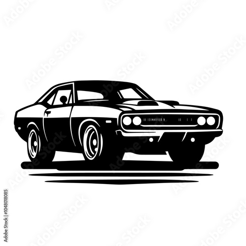 Vintage American muscle car vector illustration isolated on white background. Classic Muscle Car Vector Illustration in Bold Black Silhouette, Perfect for Retro Automotive Designs and Logos.