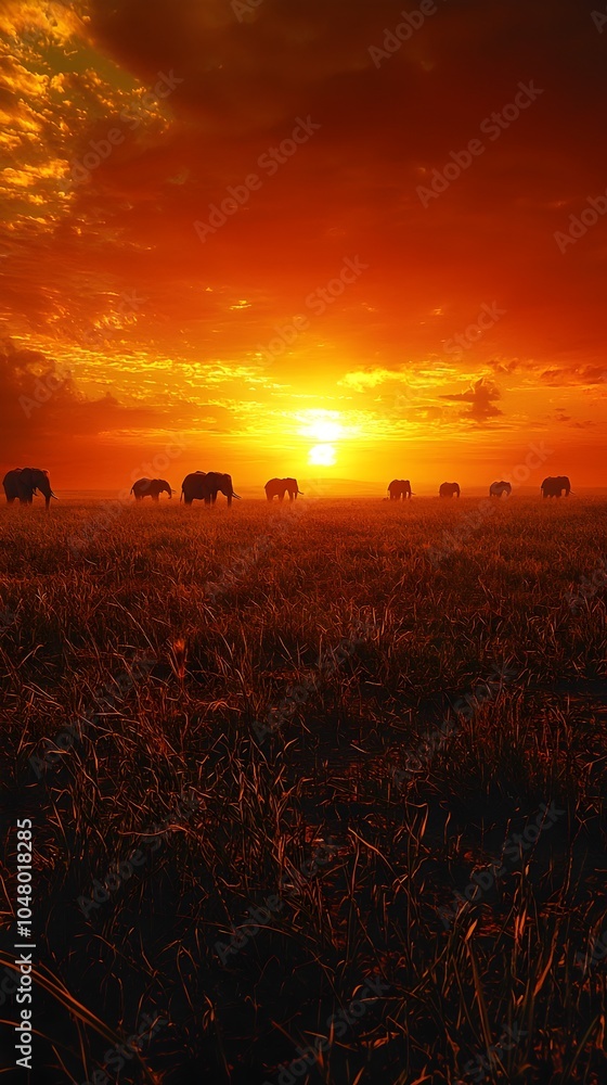 A stunning sunset illuminates the sky with vibrant orange and red hues as a herd of elephants gracefully strolls across the grassy plains, creating a serene wildlife scene.