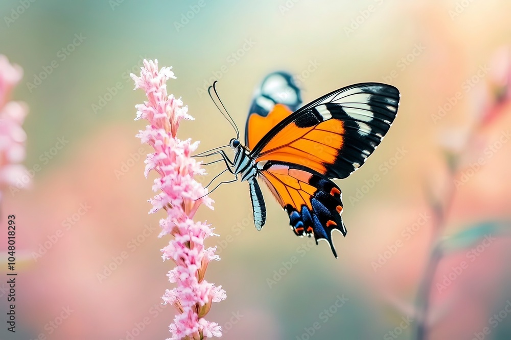 Fototapeta premium Ismenius Tiger butterfly (Heliconius ismenius) pollinating a flower with generative ai