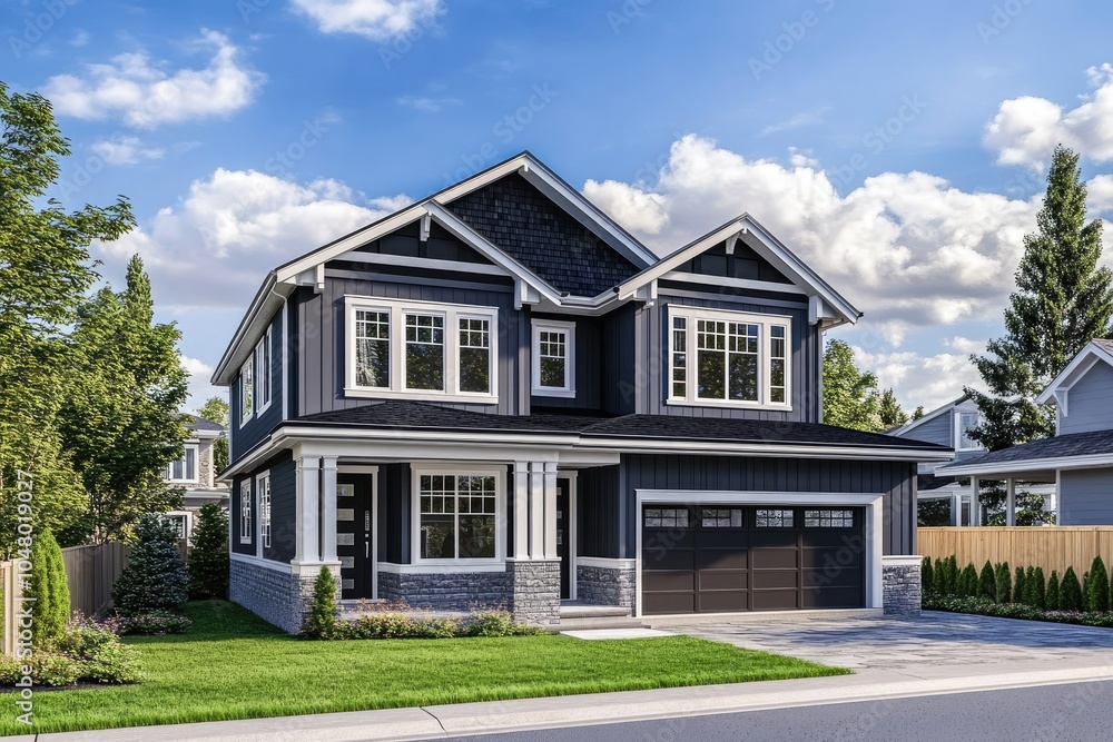 Obraz premium an elegant home with dark gray and white exterior paint colors, a large front yard, blue sky, green grass, and a silver car parked on the driveway