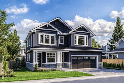 an elegant home with dark gray and white exterior paint colors, a large front yard, blue sky, green grass, and a silver car parked on the driveway