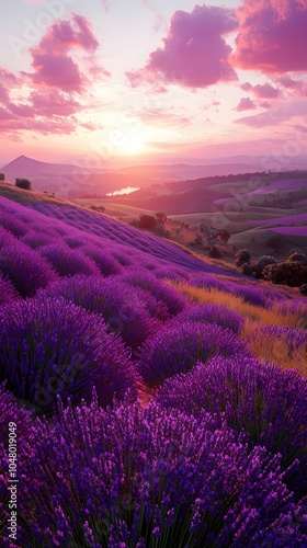 Vibrant sunset over a lavender field, with lush purple blossoms under a colorful sky, creating a serene and picturesque landscape in a tranquil setting.