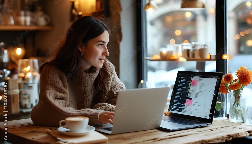 A serene working atmosphere a young woman engaged in remote work at a cozy café with laptops coffee and natural light balancing productivity and relaxation in a vibrant environment A serene working atmosphere a young woman engaged in remote work at a cozy café with laptops coffee and natural light balancing productivity and relaxation in a vibrant environment