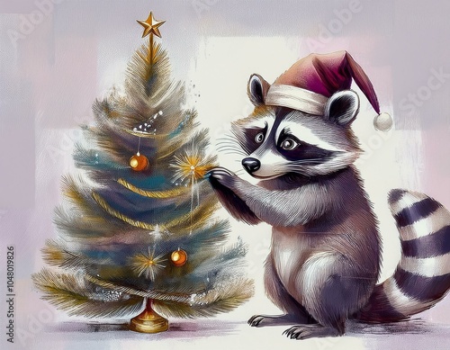 Chrustmas raccoon and christmas tree cartoon  photo