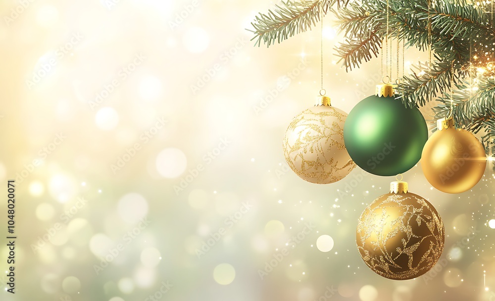 Christmas background with pine branches and golden ornaments, light background with snowflakes and garland decoration, festive and holiday concept Christmas background with pine branches and golden ornaments, light background with snowflakes and garland decoration, festive and holiday concept