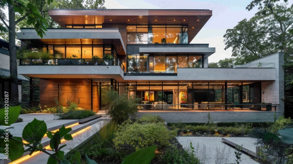 Modern House with Illuminated Steps and Lush Landscaping Modern House with Illuminated Steps and Lush Landscaping